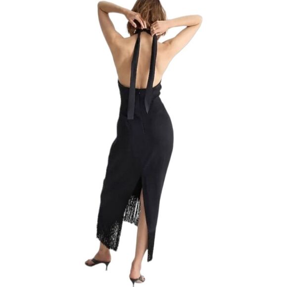 J. Crew Black Crepe Halter Midi Dress | Fringe Hem Cocktail Party Style NWT | 10 - Picture 5 of 15